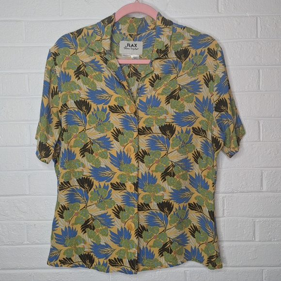 Flax by Jeanne Engelhart Tropical Print Rayon Button Down Top - Picture 1 of 4